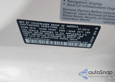 2015 Volkswagen Passat 1.8T Se from USA, damaged, VIN 1VWBT7A38FC010734